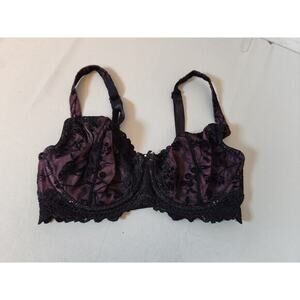Whimsy Women's Black Purple Lace Floral Sexy Comfortable Balconette Bra Size 32D